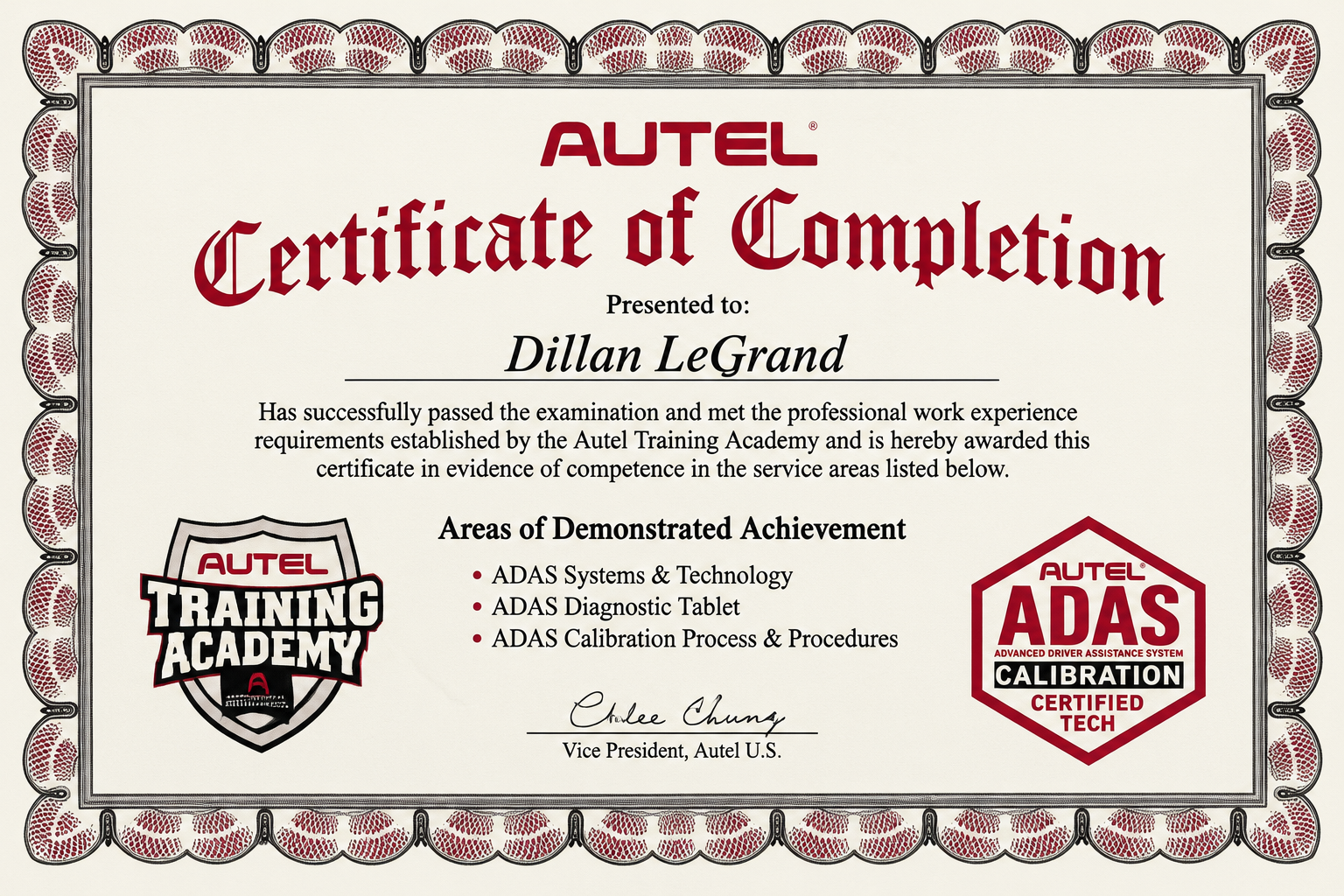 Autel Training Academy Certificate of Completion awarded to Dillan LeGrand for ADAS training