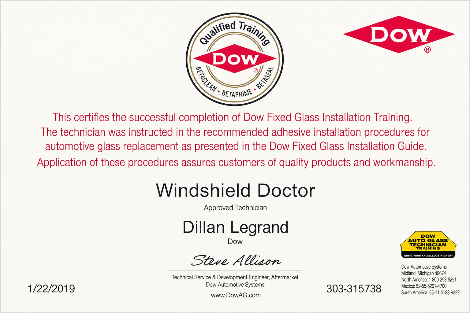 Dow Qualified Training certificate for Windshield Doctor and technician Dillan Legrand for fixed glass installation training